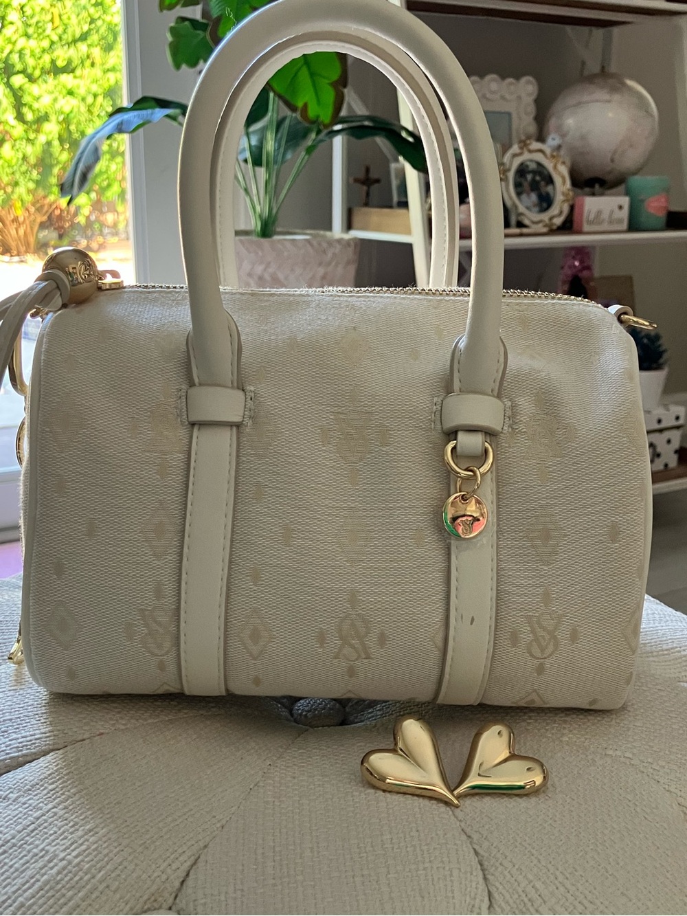 Victoria Secret Ivory Logo Top Handle Satchel with Gold tone Heart Earrings Set